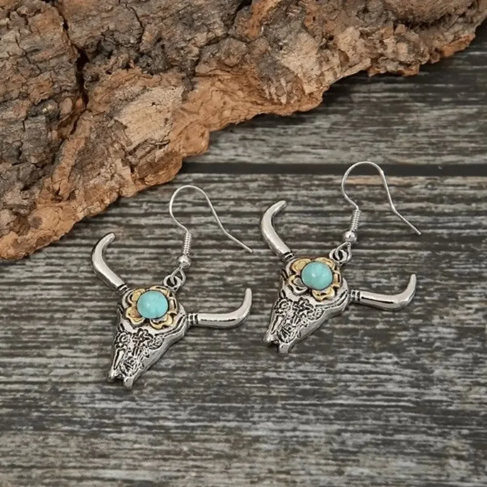 Western Cowboy Turquoise Longhorn Bull Steer Head Dangle Earrings